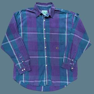 Siegfried Vintage 90s Plaid Purple Green Button Front Cotton Shirt Men's Large